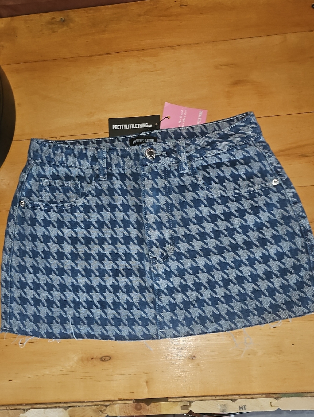 PrettyLittleThing Blue Houndstooth Denim Mini Skirt